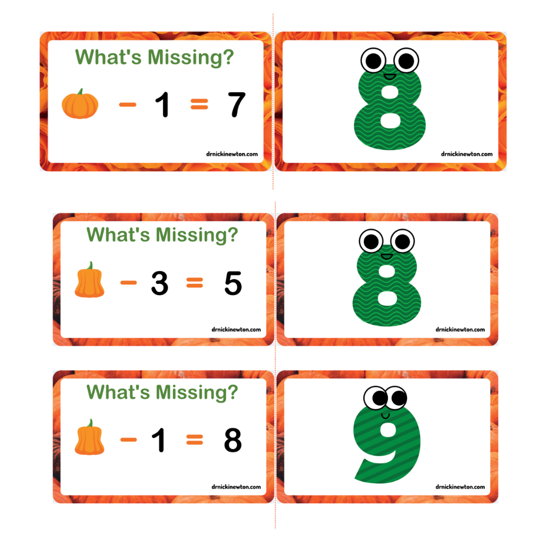 Subtraction Pumpkin Flashcards Adding Within 10