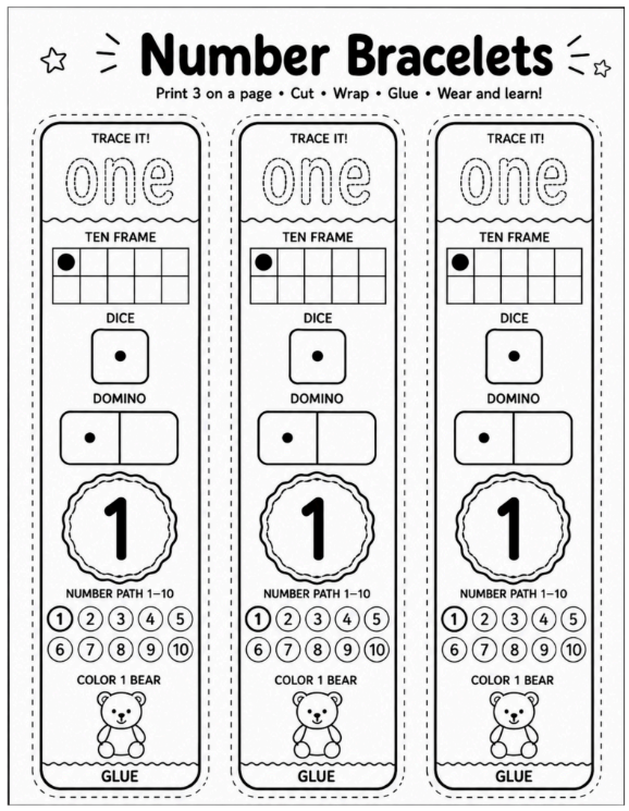 Number Bracelets 1–10 | Kindergarten Number Sense Printable Activity