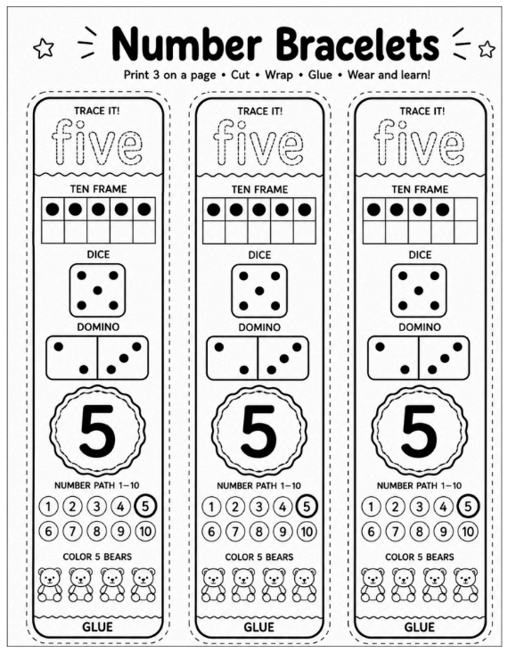 Number Bracelets 1–10 | Kindergarten Number Sense Printable Activity