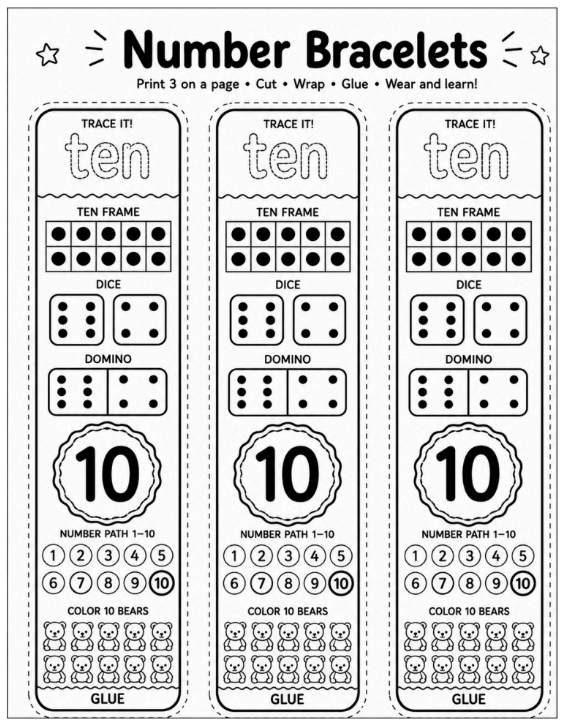 Number Bracelets 1–10 | Kindergarten Number Sense Printable Activity